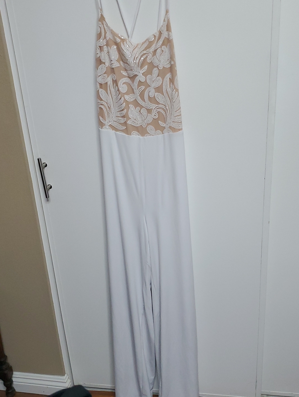 bebe Nude Beige Lace Slip Pantsuit with Spaghetti Straps Lined And Stretch
